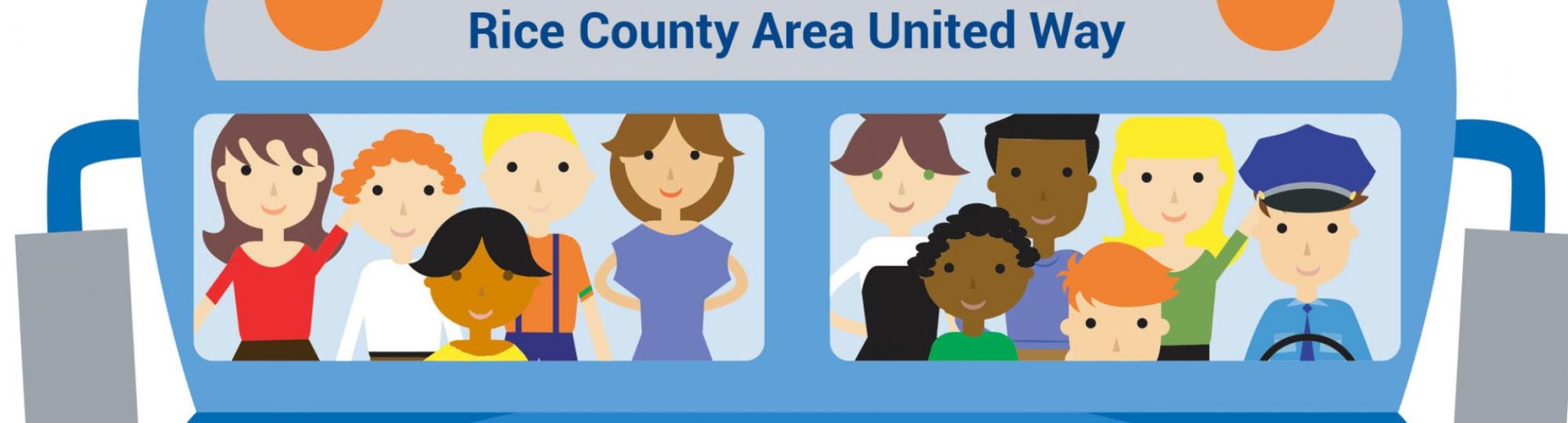 Cheerful illustration of the front windows of a blue bus with Rice County Area United Way's logo in the "destination" area. People of diverse appearance are seen through the windshield.